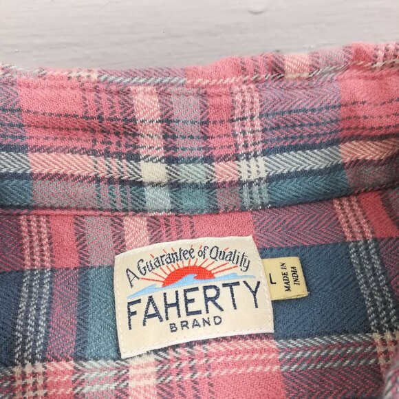 Faherty Shirt Flannel Organic Cotton Herringbone Plaid Pink Blue Mens Large - Picture 3 of 9